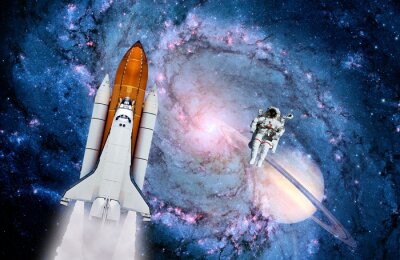 Fototapete Astronaut mit Rakete in Kosmos