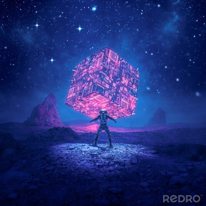 Fototapete Astronaut und glühender Würfel