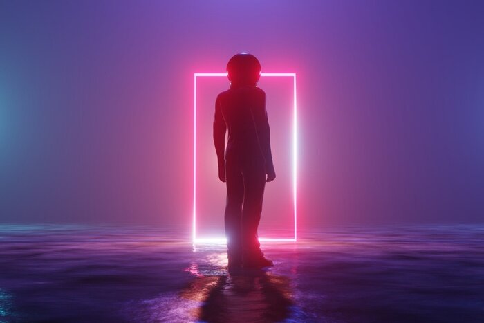 Fototapete Astronaut vor dem Hintergrund des leuchtenden Rechtecks