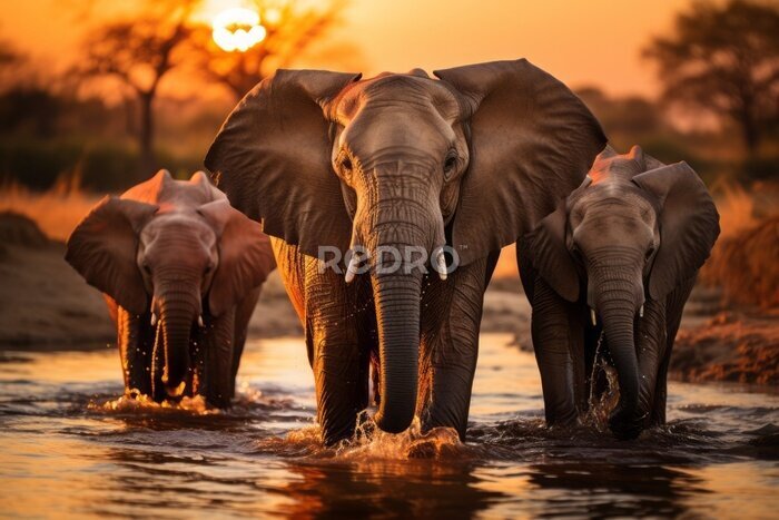 Fototapete At sunrise, elephants congregate gracefully around a watering hole, silhouetted against the breathtaking canvas of the awakening savannah.
