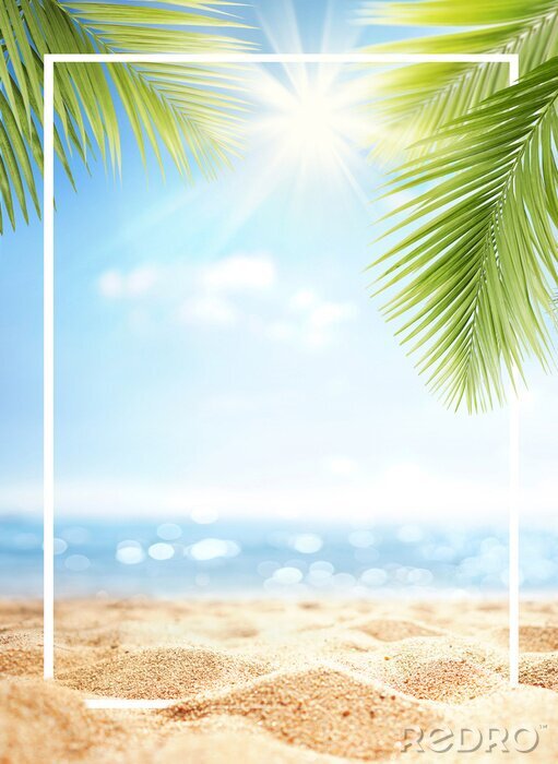 Fototapete Aufnahme mit Strand und Palmenblättern