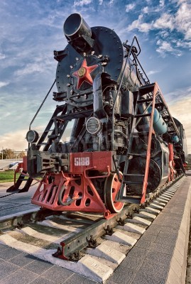 Fototapete Ausstellung mit altem Dampfzug