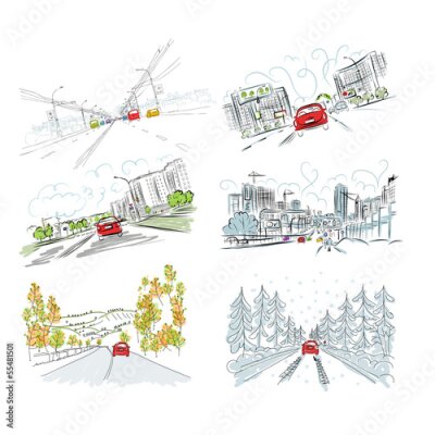 Fototapete Autos auf der Straße der Stadt, Satz von Hand gezeichnete Illustrationen für Ihre