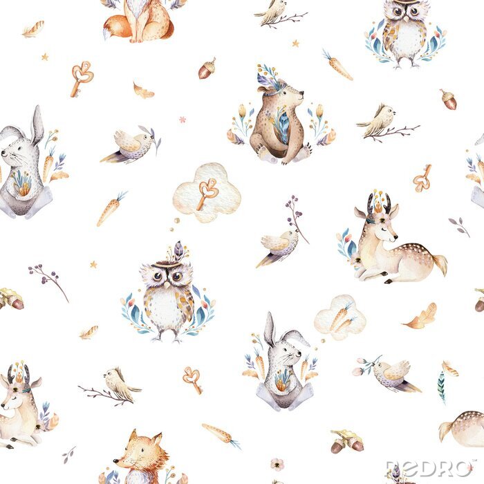 Fototapete Baby animals nursery isolated seamless pattern with bannies. Watercolor boho cute baby fox, deer animal woodland rabbit and bear isolated illustration for children. Bunny forest image