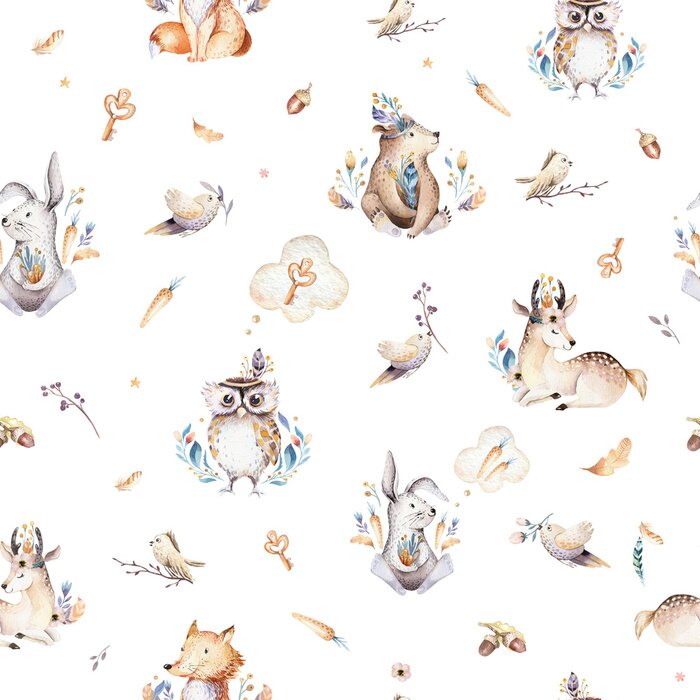 Fototapete Baby animals nursery isolated seamless pattern with bannies. Watercolor boho cute baby fox, deer animal woodland rabbit and bear isolated illustration for children. Bunny forest image
