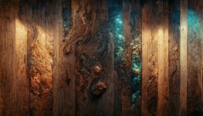 Fototapete Background of old wood with epoxy resin in blue. wooden table top with blue epoxy, old boards, wood patterns, old dark wood background. 3D illustration.