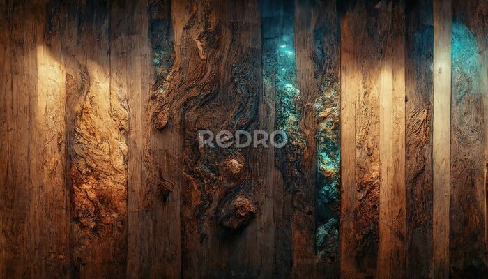 Fototapete Background of old wood with epoxy resin in blue. wooden table top with blue epoxy, old boards, wood patterns, old dark wood background. 3D illustration.