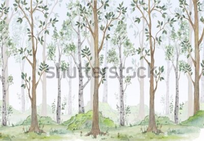 Fototapete Bäume im Wald Aquarell Landschaft