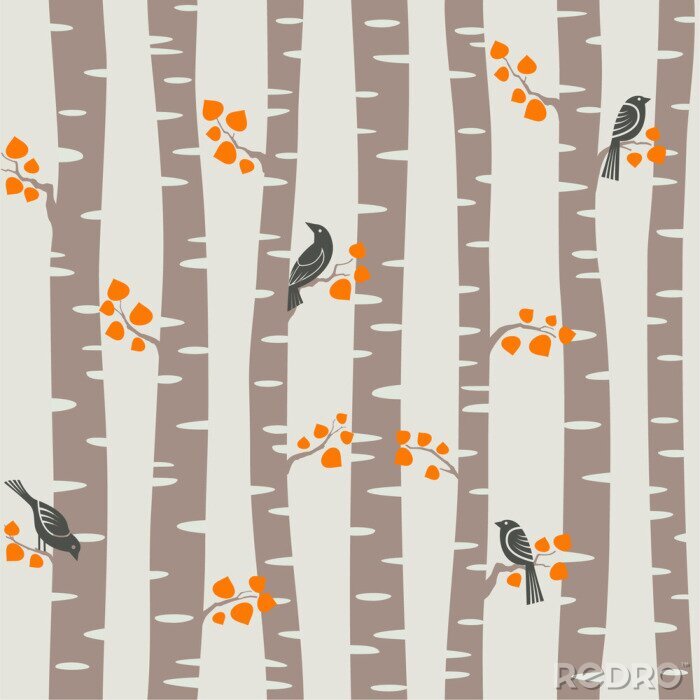 Fototapete Bäume und Vögel im Herbstwald