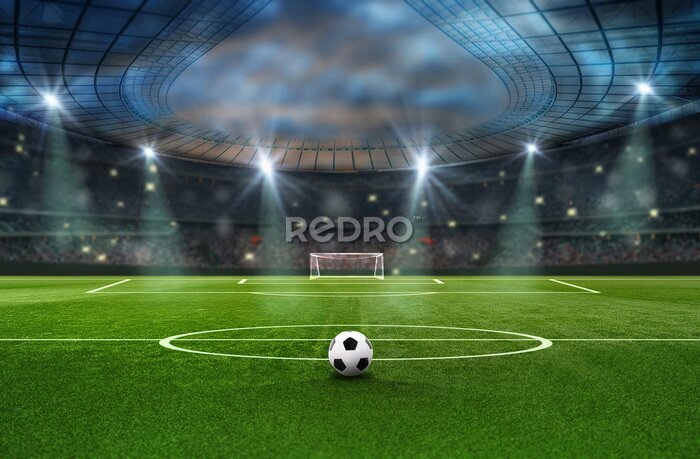 Fototapete Ball auf dem grünen Rasen eines Fußballstadions