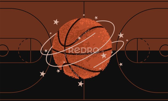 Fototapete Ball vor dem Hintergrund eines Basketballfeldes