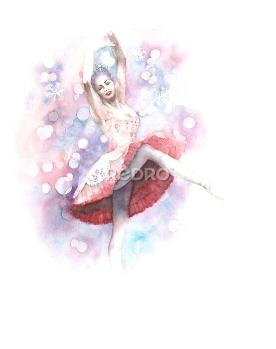 Fototapete Ballerina Tänzer Nussknacker Fee Aquarell Malerei Illustration Grußkarte isoliert auf weißem Hintergrund