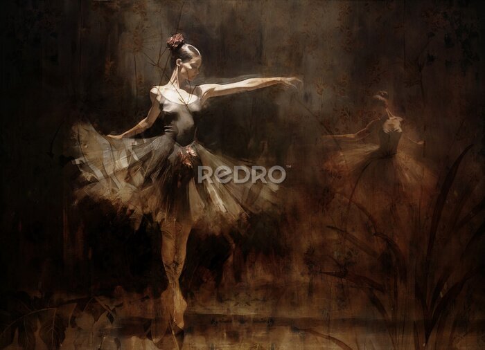 Fototapete Ballerina und Pflanzensilhouetten im Vintage-Stil