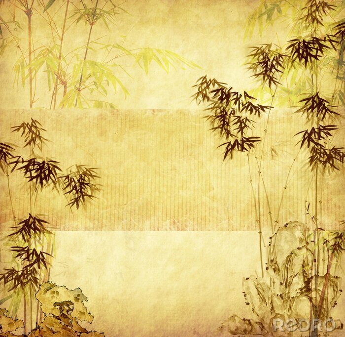 Fototapete Bambusblätter am Hintergrund im alten Stil