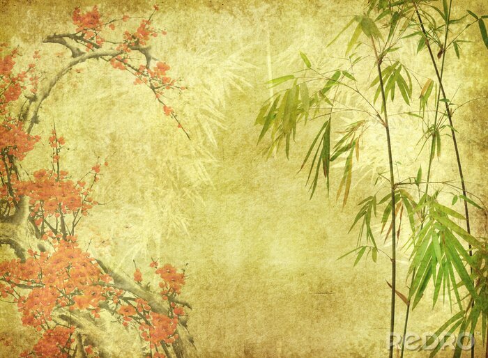 Fototapete Bambusblätter und bunte Blumen
