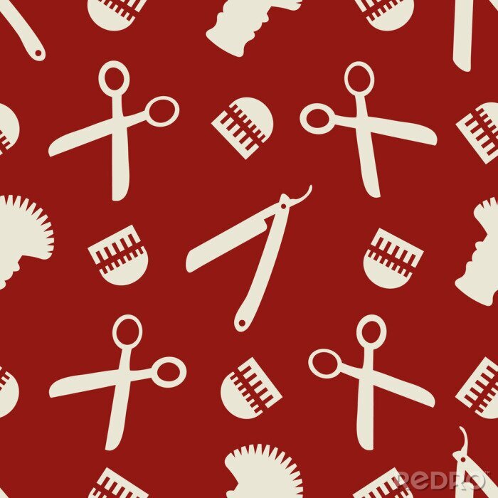 Fototapete Barber shop tools vector seamless pattern background. White ochre red backdrop with scissors, razor blades, comb, brush.Hairdressing equipment design for male self care or hair cutting business