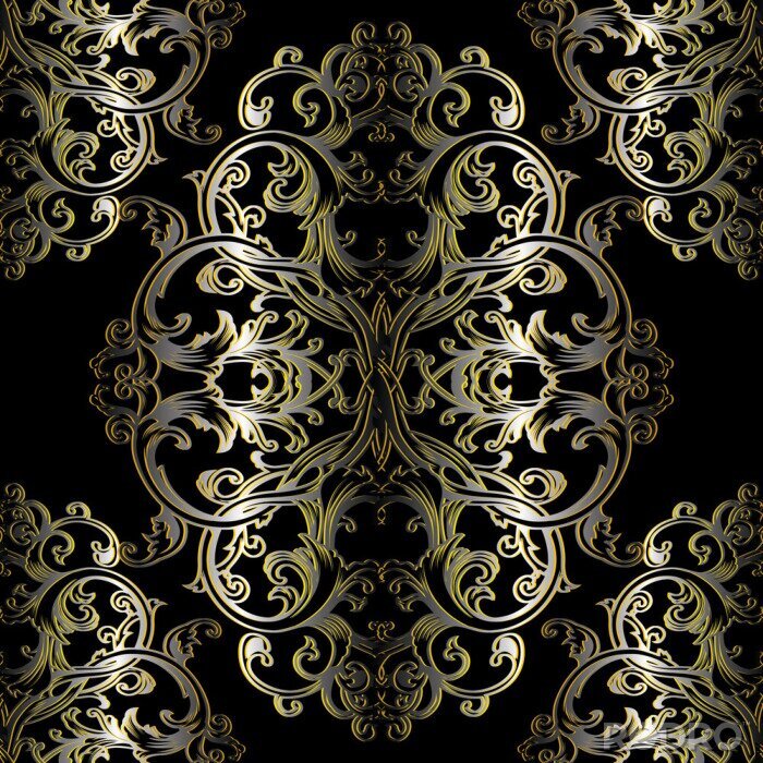 Fototapete Barock nahtlose Muster. Schwarz floral Damast Hintergrund Tapeten Illustration mit Gold Vintage Blumen, Scroll Swirl Kunst Linie Blätter und antiken 3d barock Ornamente. Vector Oberfläche dunklen Text