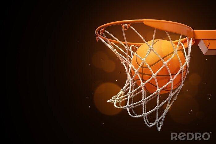 Fototapete Basketball im Netz auf dunklem Hintergrund