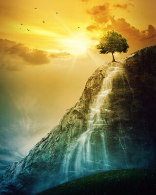 Fototapete Baum 3D am Wasserfall