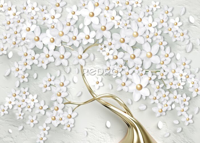 Fototapete Baum mit weißen 3D-Blumen