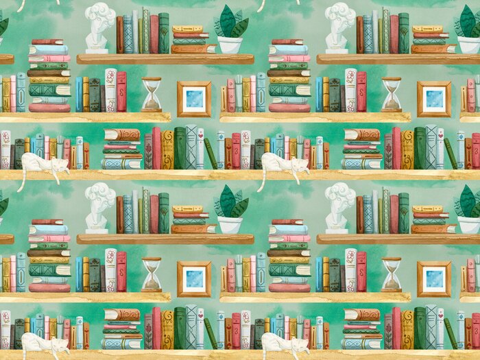 Fototapete B?cherregale und Katzen