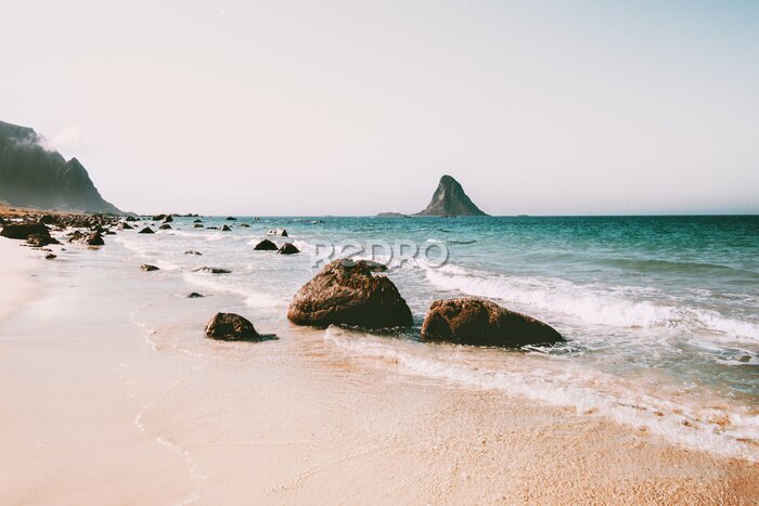 Fototapete Beach sea landscape in Norway empty sandy seaside view summer travel vacations Bleiksoya rock in ocean nature scenery Vesteralen islands