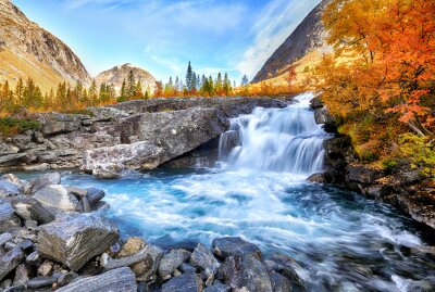 Fototapete Beautiful autumn landscape with yellow trees and waterfall
