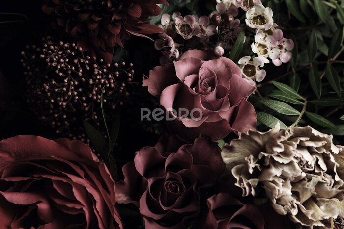 Fototapete Beautiful bouquet of different flowers, closeup. Floral card design with dark vintage effect