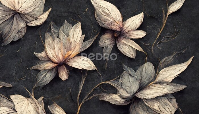 Fototapete Beautiful dark abstract exotic flowers. Luxurious dark ink flowers and patterns.