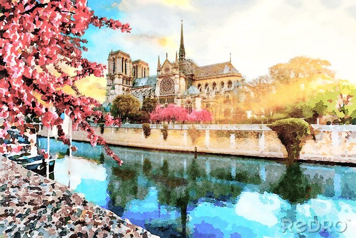 Fototapete Beautiful Digital Watercolor Painting of Notre Dame in Paris, France.	