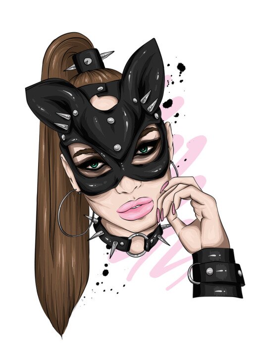 Fototapete Beautiful girl in leather mask. Sex and BDSM, love. Underwear. Vector illustration for greeting card or poster, print for t-shirt. Fashion & Style.
