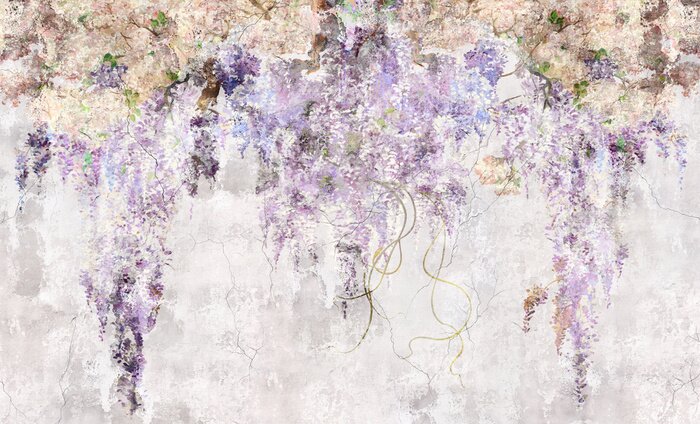 Fototapete Beautiful lilac branches on the concrete grunge wall. Lilac flowers. Blooming lilac. Floral background in loft, modern style. Design for wall mural, card, postcard, wallpaper, photo wallpaper.