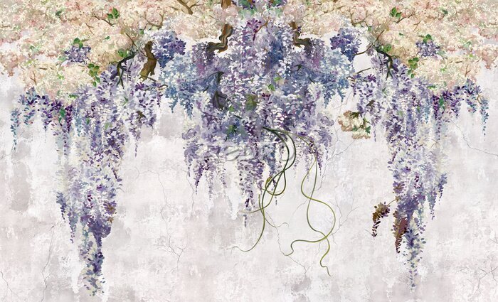 Fototapete Beautiful lilac branches on the old grey vintage background. Lilac flowers. Blooming lilac. Floral background in loft, modern style. Design for wall mural, card, postcard, wallpaper, photo wallpaper.