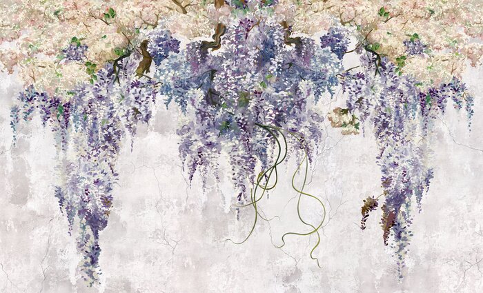 Fototapete Beautiful lilac branches on the old grey vintage background. Lilac flowers. Blooming lilac. Floral background in loft, modern style. Design for wall mural, card, postcard, wallpaper, photo wallpaper.