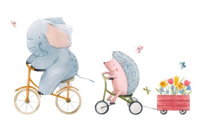 Fototapete Beautiful stock illustration with watercolor hand drawn cute animals on transport.
