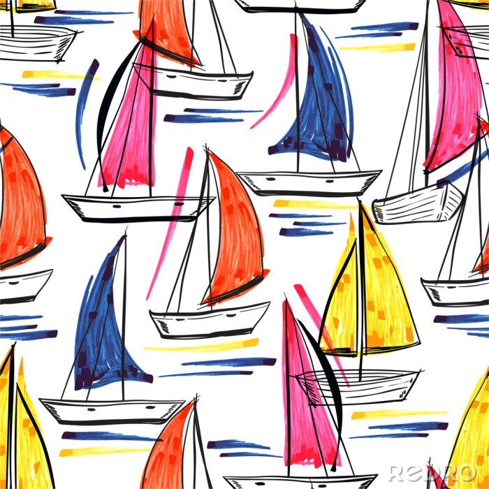 Fototapete Beautiful trendy Hand drawn brush stroke of ship,wind surf ,boat on the ocean summer vibes seamless pattern in vector EPS10