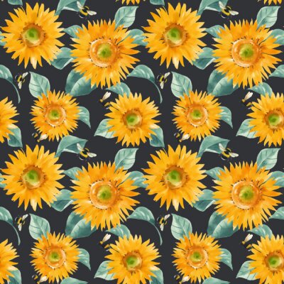 Beautiful vector seamless pattern with watercolor hand drawn sunflowers. Stock summer illustration.