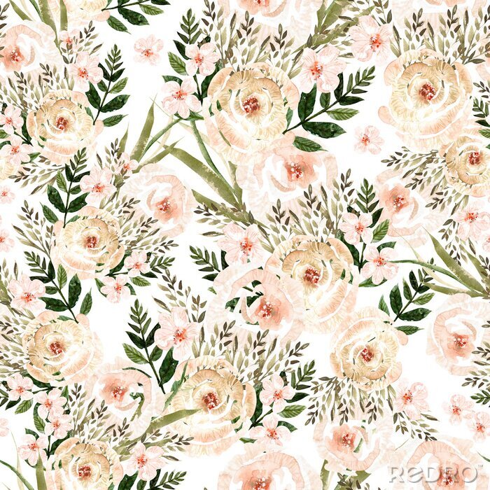 Fototapete Beautiful Watercolor seamless pattern with roses flowers and herbs. 