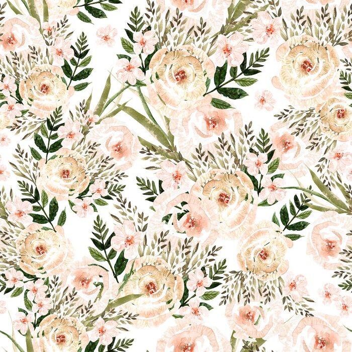 Fototapete Beautiful Watercolor seamless pattern with roses flowers and herbs. 