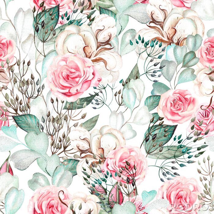 Fototapete Beautiful watercolor wedding pattern with eucalyptus  and rose. 