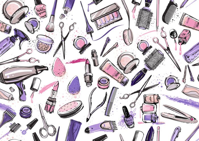 Fototapete Beauty salon, manicure, makeup, hairdressing background seamless pattern. Fashion woman accessory proffessional tools icon logo set isolated vector on white backdrop