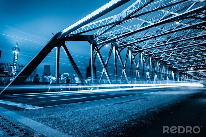 Fototapete Beleuchtete Stahlbrücke bei Nacht