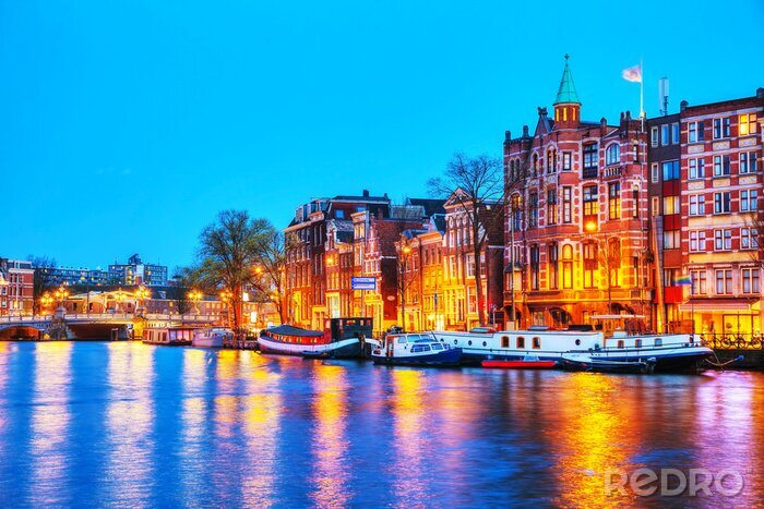 Fototapete Beleuchtetes Amsterdam bei Nacht