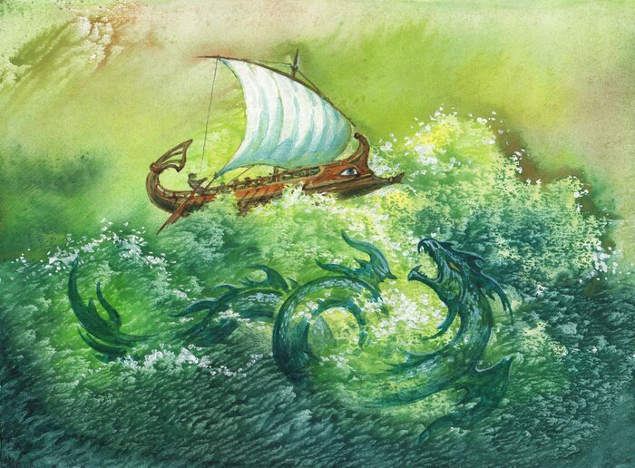 Fototapete Bemaltes Segelboot mit grünem Wasser