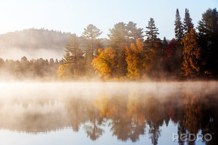 Fototapete Berglandschaft im Nebel in Herbstfarben