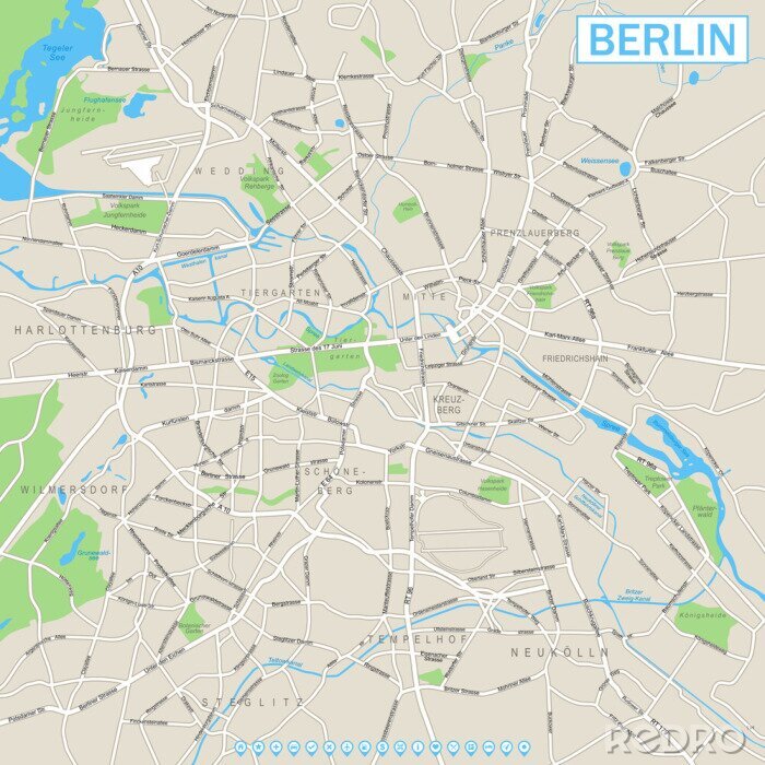 Fototapete Berlin Karte und Navigation Icons Sehr detaillierte Vektor-Straßenkarte von Berlin. Es umfasst: - Straßen - Parks - Namen von Unterverzeichnissen - Wasser Objektnamen