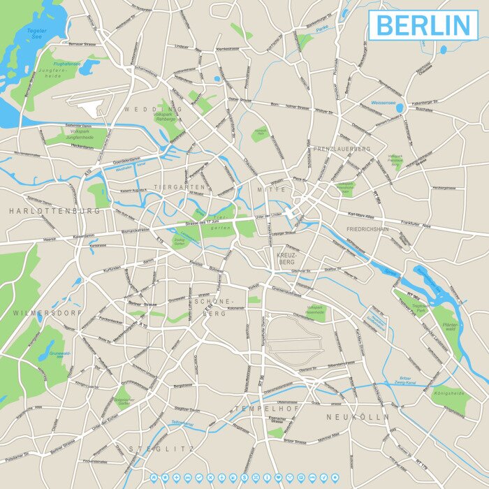 Fototapete Berlin Karte und Navigation Icons Sehr detaillierte Vektor-Straßenkarte von Berlin. Es umfasst: - Straßen - Parks - Namen von Unterverzeichnissen - Wasser Objektnamen