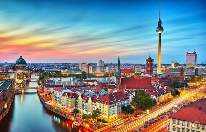 Fototapete Berlin Skyline mit dem Sonnenuntergang