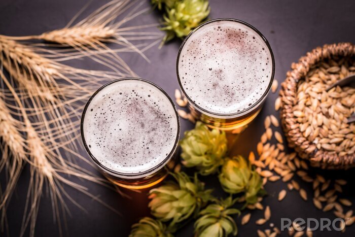 Fototapete Bier in Gläsern Hopfen und Weizen