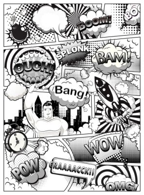 Black and white comic book page divided by lines with speech bubbles, rocket, superhero and sounds effect. Illustration